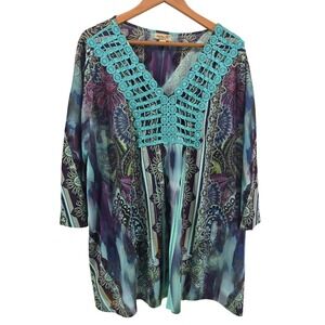 One World Tunic Top XXXL Blue Teal Purple‎ Paisley Crochet V Neck Long Sleeve